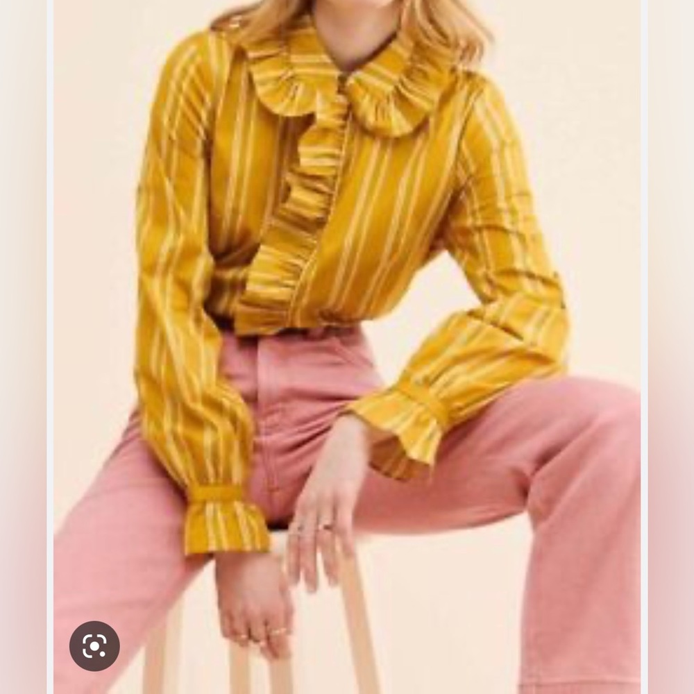 #916 NWT Free People Stripped mustard Ruffle Button Up Womens medium